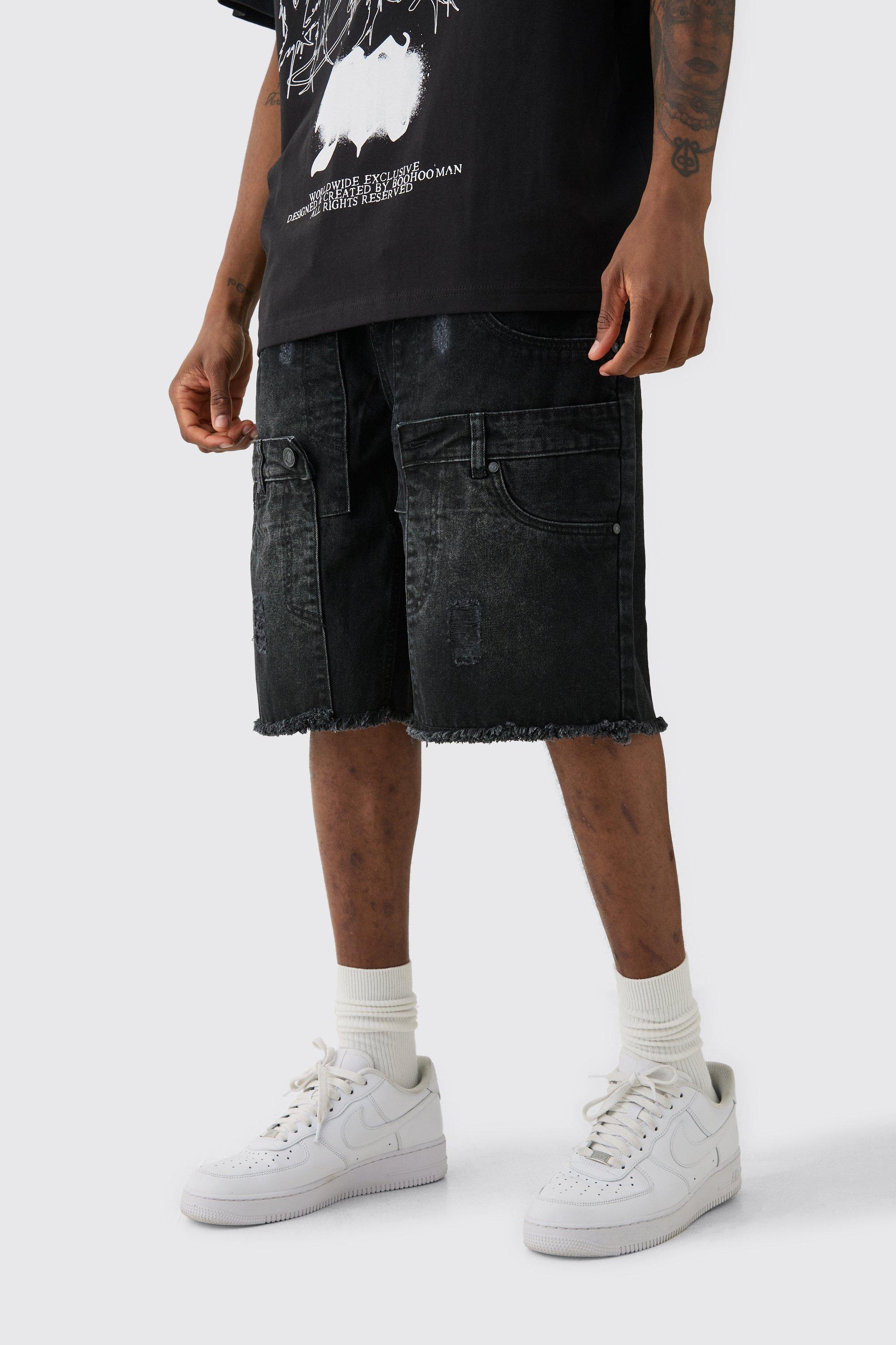 Mens Black Tall Multi Waistband Relaxed Fit Denim Shorts, Black